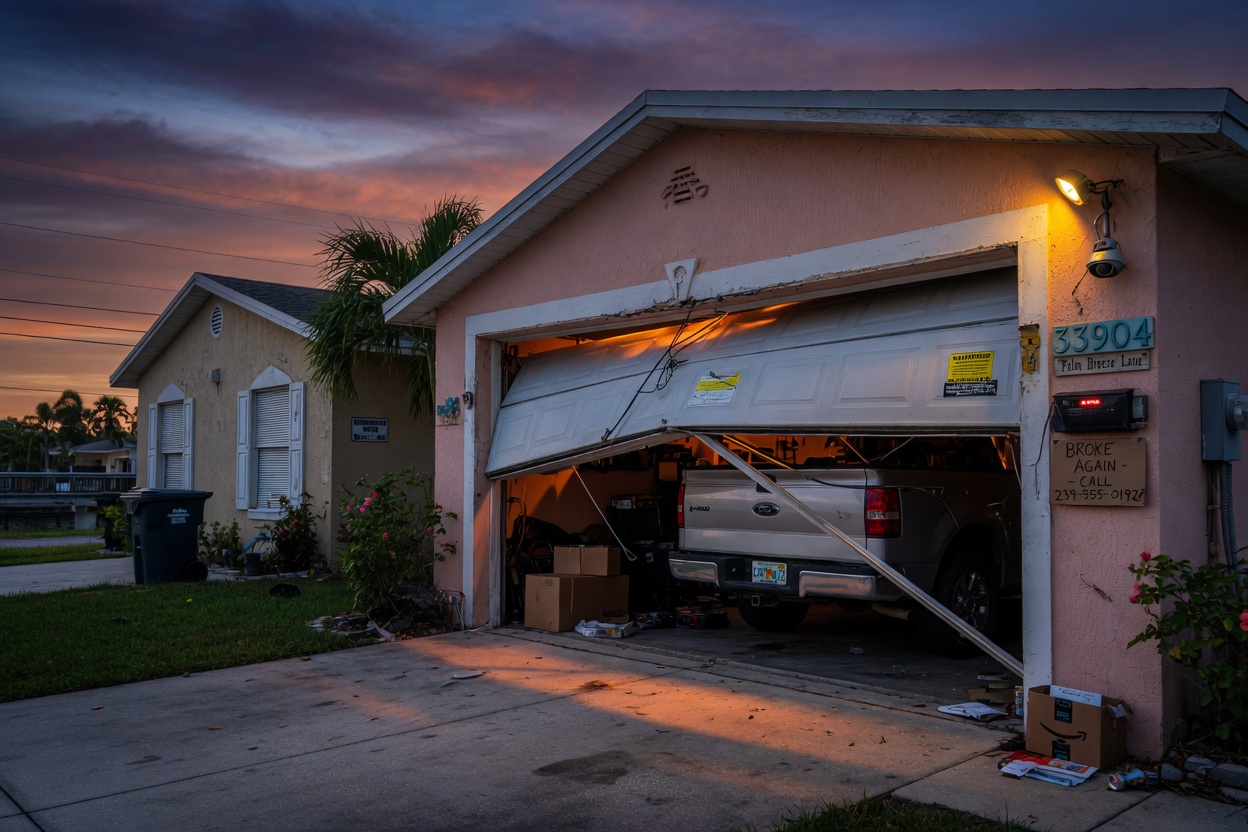 Ultra-realistic 8K photo of a malfunctioning garage door stuck halfway open at dusk in a 33904 Cape Coral neighborhood, dramatic lighting, security concerns evident