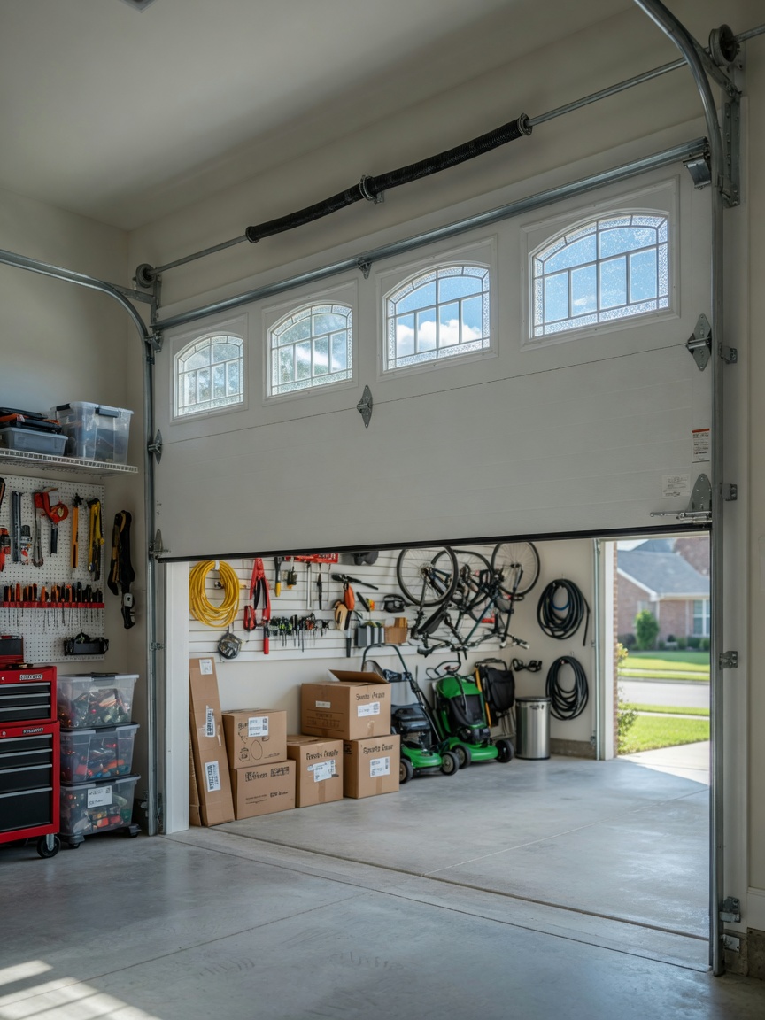Interior view from inside garage looking out through newly installed 8x7 clean white garage door with decorative windows allowing natural light, organized garage space, ultra-realistic 8K