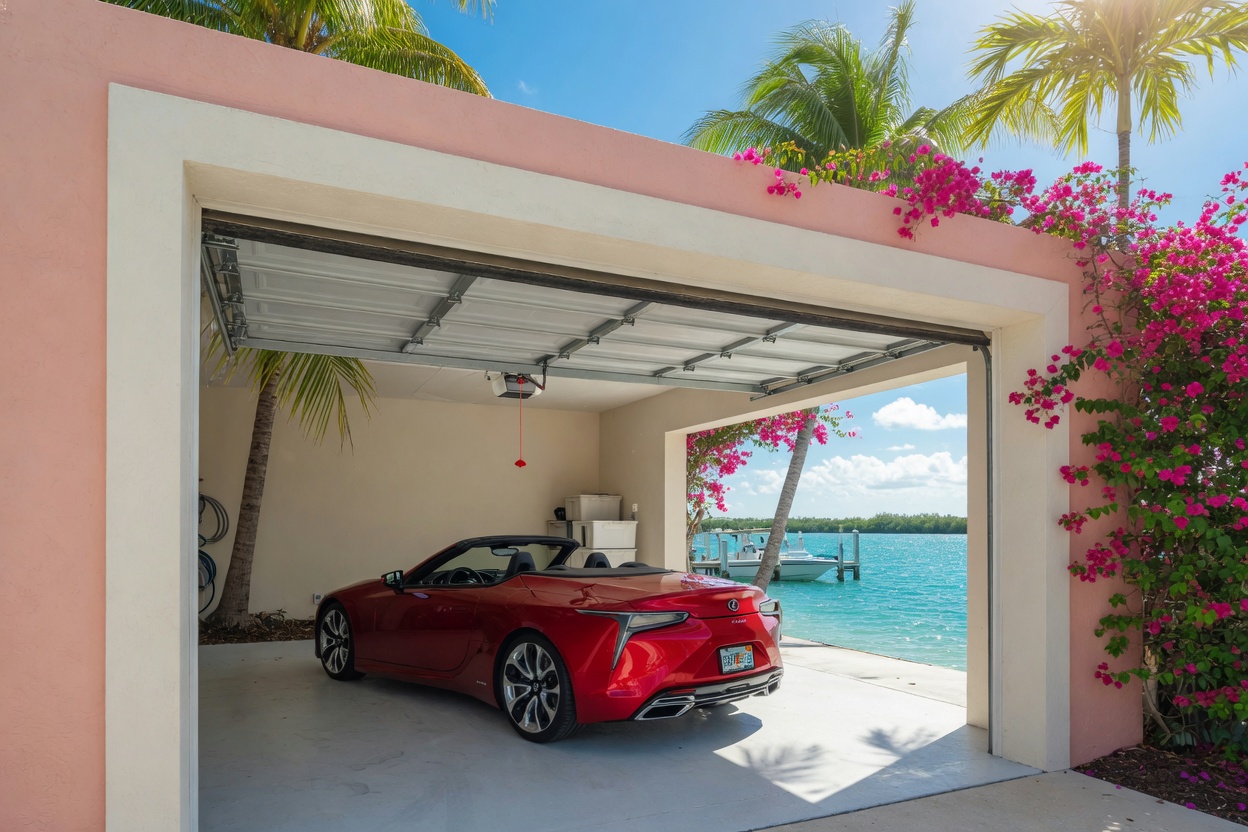 Ultra-realistic 8K photo of a Bonita Springs waterfront home with fully retracted garage door, sectional door stored overhead on tracks, small garage door opener with red cord hanging from ceiling, spotless stucco jambs, 2025 Lexus LC convertible inside, vibrant Florida sun, palm trees and bougainvillea framing the garage opening