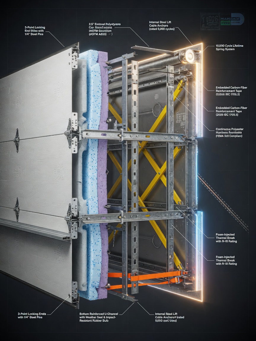 Cutaway technical diagram style realistic render showing internal reinforcement structure of 2026-compliant hurricane rated garage door, labeled components, engineering visualization, 8K detail