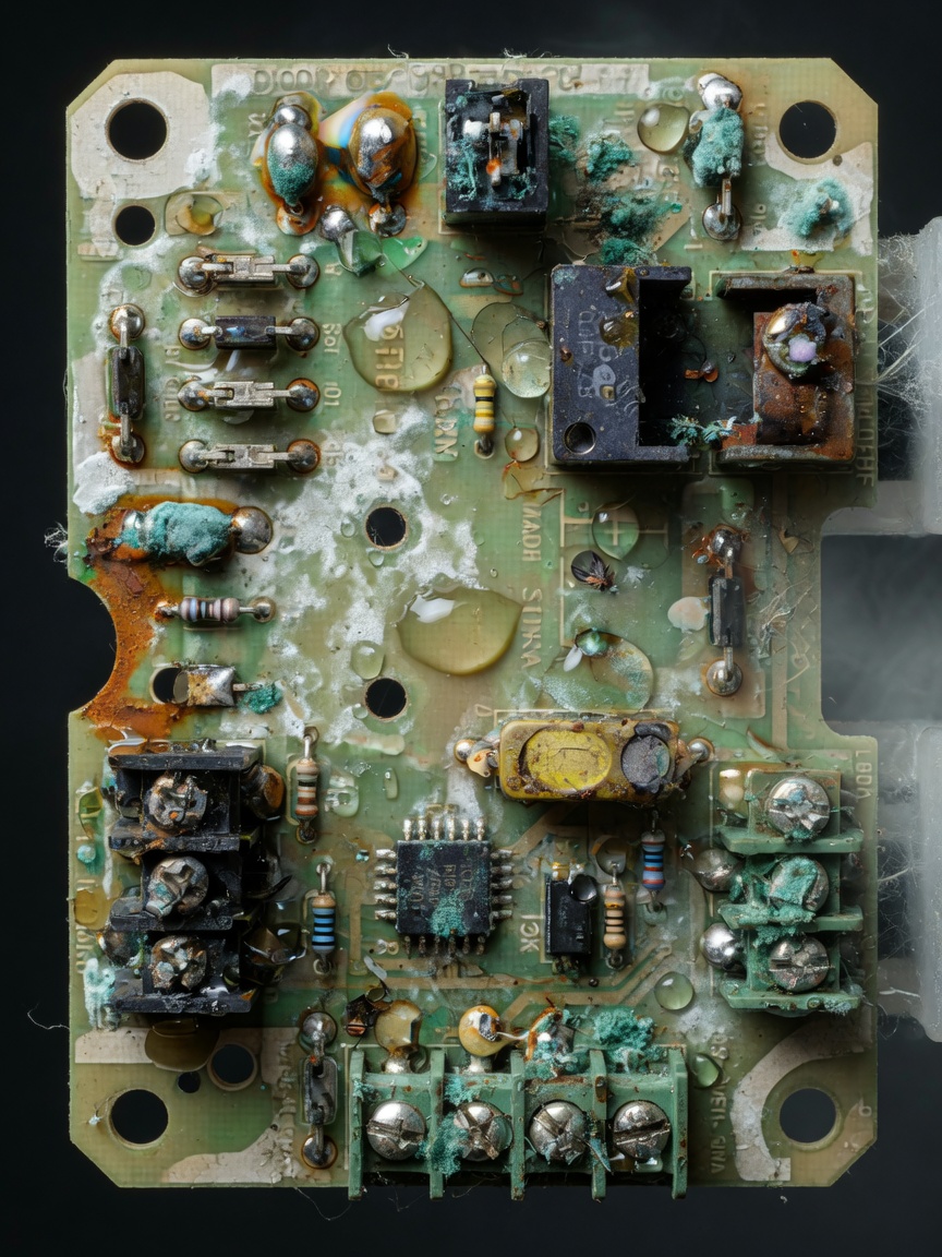 Ultra-realistic 8K close-up of humidity-damaged garage door opener circuit board with corrosion on contacts, realistic electronic detail, tropical moisture visible