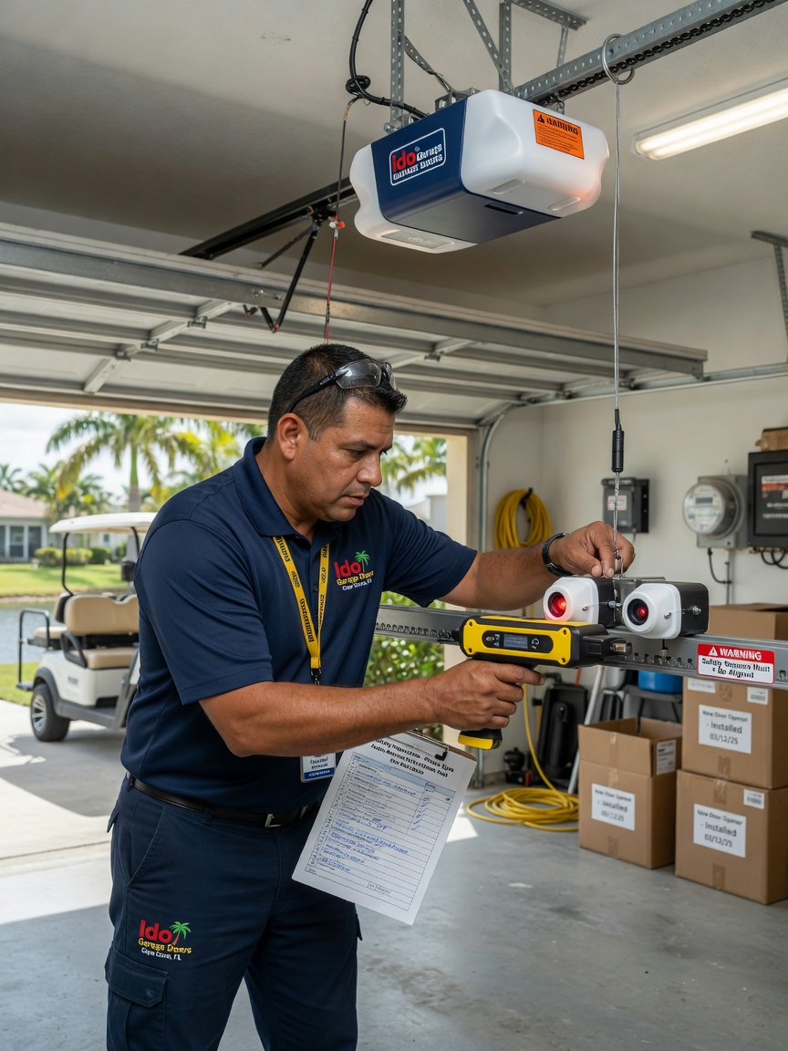 Technician performing safety inspection on new garage door opener and sensors, wearing Ido Garage Doors uniform, professional setting in Cape Coral, 8K photorealistic