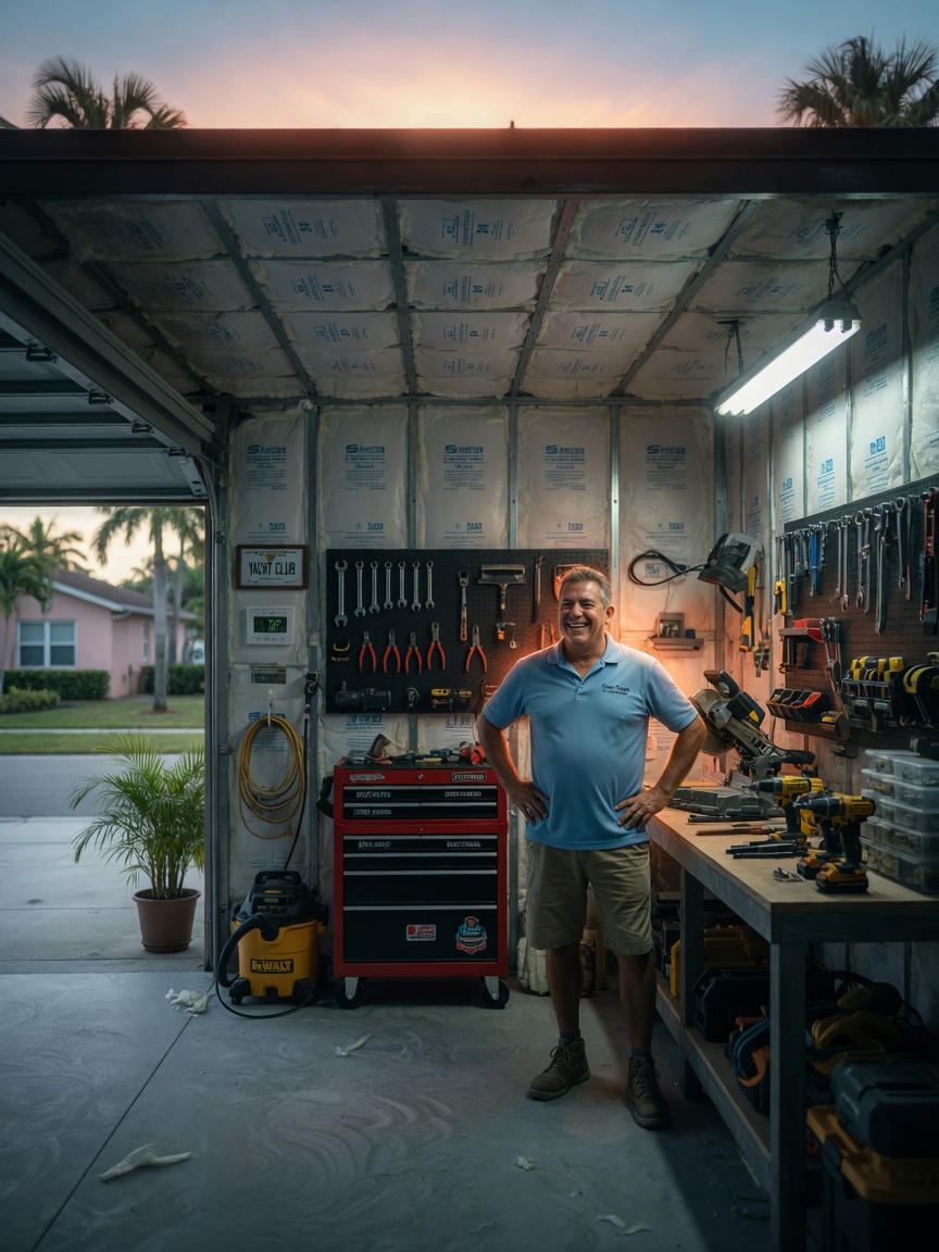 Ultra-realistic 8K photograph showing homeowner happily standing in a temperature-controlled garage workshop in Cape Coral after insulation installation, tools neatly organized