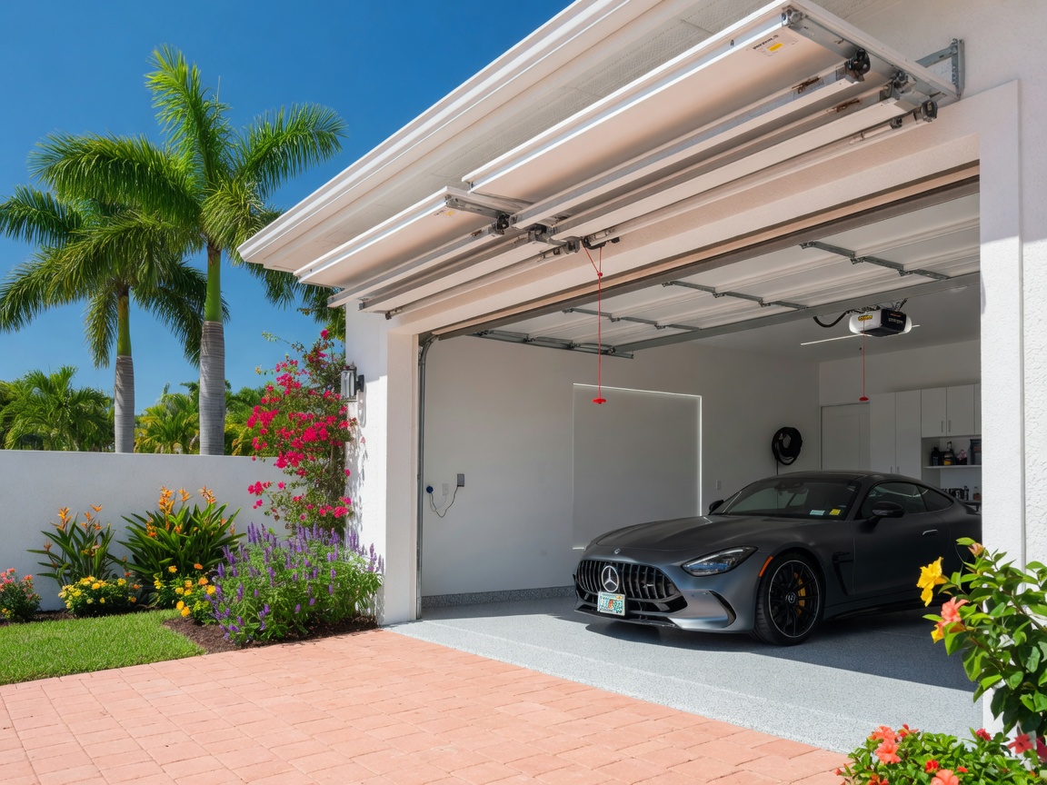 8K photorealistic photograph of a Southwest Florida luxury garage completely open on a bright sunny day, door panels neatly stacked on ceiling tracks, modern opener motor visible in center with red emergency cord, clean white stucco, 2025 Mercedes-AMG GT inside, royal palms and tropical flowers, crisp architectural detail
