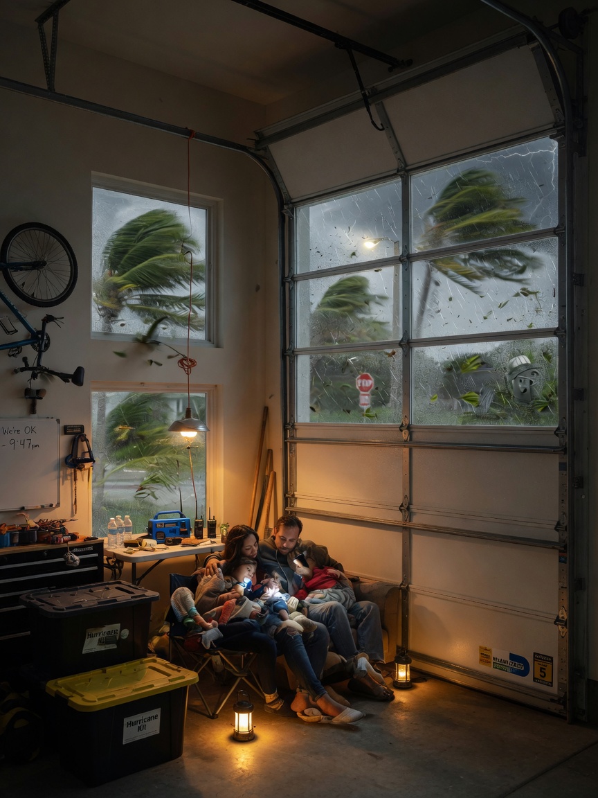 Family safely inside garage with impact-rated door during simulated hurricane, wind visible outside through windows, sense of security, warm interior lighting, emotional realistic scene