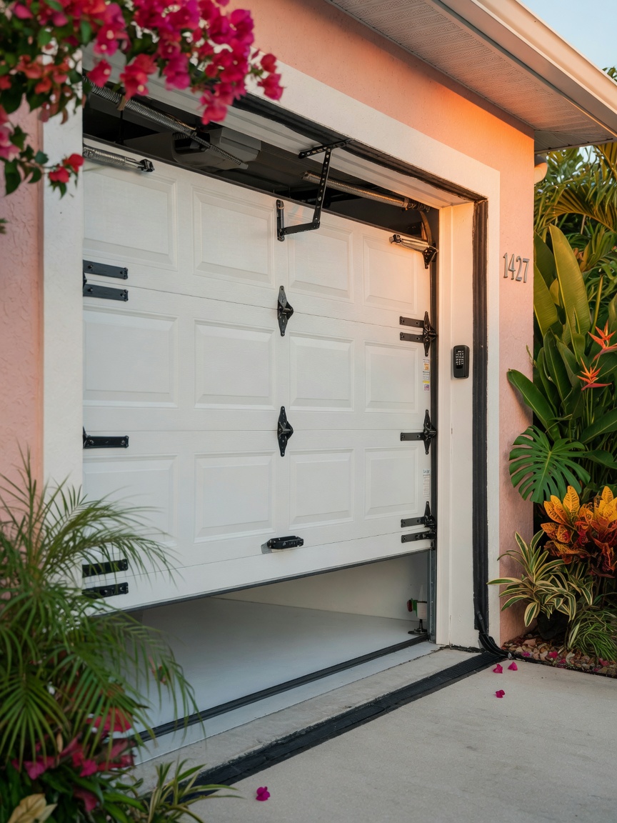 Ultra-realistic 8K image of completed garage door repair with new weather seals and hardware, clean modern look, Cape Coral home with tropical plants around doorway
