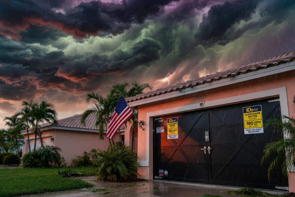 Stormy Florida sky with dark hurricane clouds above a house protected by new Ido hurricane-rated 8x7 garage door, dramatic lighting, ultra-realistic 8K cinematic image