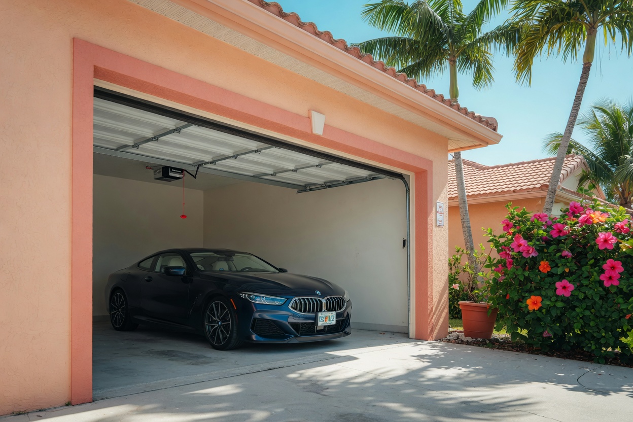 Ultra-detailed 8K image of a Cape Coral home garage viewed from outside, sectional garage door fully open and retracted, all panels stored overhead, small motor with red pull cord clearly visible, pristine stucco, 2025 BMW 8 Series coupe parked inside, intense Florida sunlight with palm trees and hibiscus