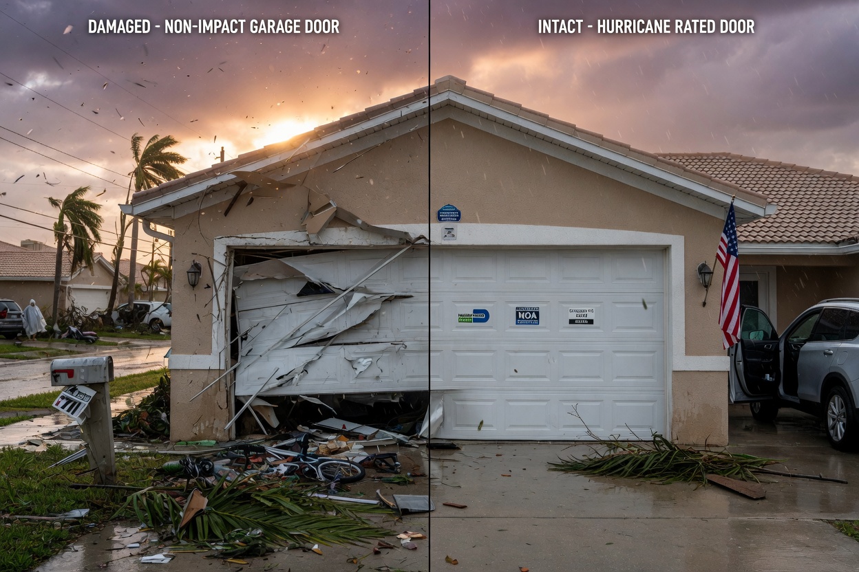 Before and after split image: damaged non-impact garage door versus intact hurricane rated door after Category 4 storm, Cape Coral suburban street, dramatic contrast, photorealistic