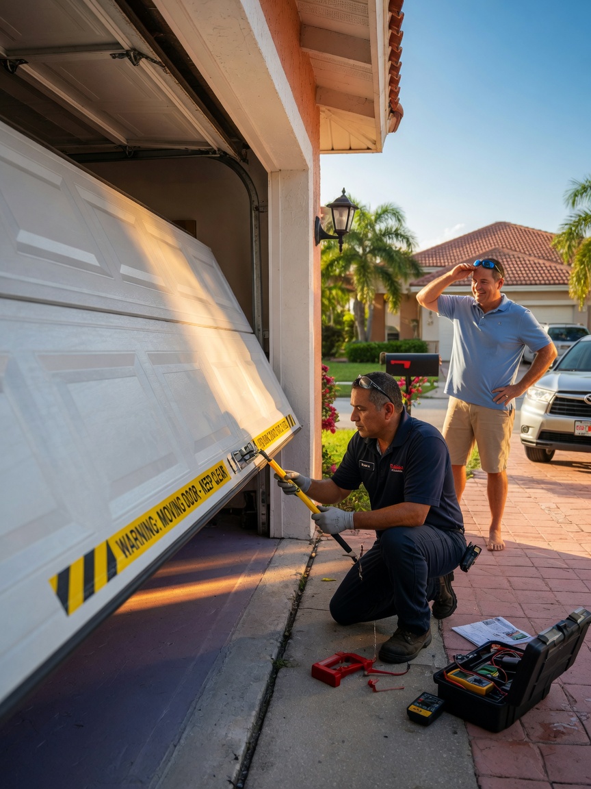 Ultra-realistic 8K photo of technician performing final safety test on repaired garage door, door in motion, satisfied homeowner watching from driveway in Florida heat