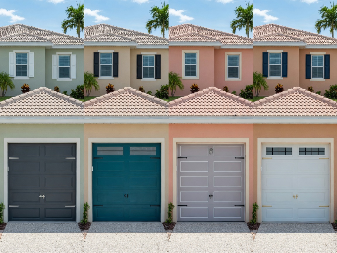 Clean modern color palette options for 8x7 garage doors displayed on Cape Coral style homes, multiple house facades side by side, bright daylight, photorealistic 8K