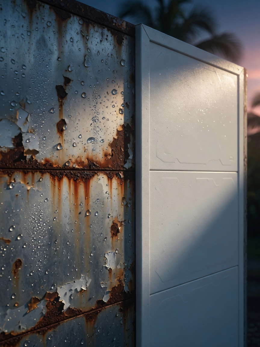 Ultra-realistic 8K close-up of condensation and rust issues on uninsulated metal garage door in humid Cape Coral climate versus clean insulated door surface