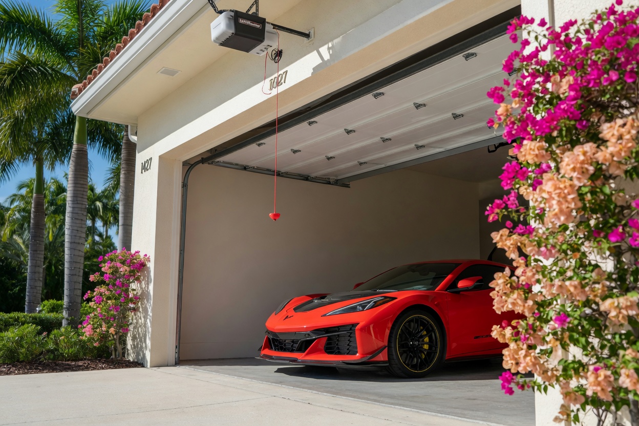 Realistic 8K photograph of a Naples Florida estate with garage door completely open, camera outside looking in at perfectly stored sectional door on ceiling tracks, garage opener motor and red cord visible, clean stucco, 2025 Corvette Z06 inside, bright sunny conditions with royal palms and bougainvillea