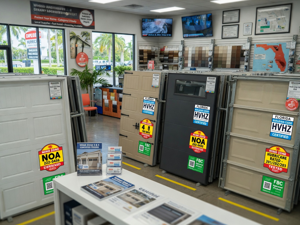 Local supplier showroom in Cape Coral displaying multiple styles of hurricane rated garage doors with wind zone certification stickers clearly visible, professional retail environment, 8K