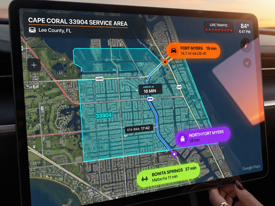 Ultra-realistic 8K image showing map overlay of Cape Coral Florida 33904 service area with drive time indicators to neighboring communities like Fort Myers, realistic navigation style