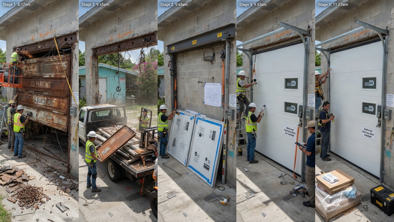 Time-lapse style sequence showing old rusted garage door being removed and replaced with new smooth hurricane door by professional crew, multiple stages visible, 8K detail