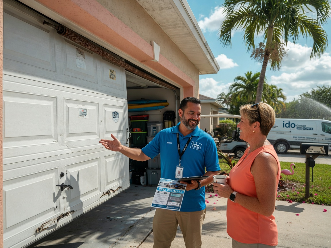 Wide ultra-realistic 8K shot of Ido Garage Doors technician providing free estimate consultation with Cape Coral homeowner in front of their garage door, friendly professional interaction