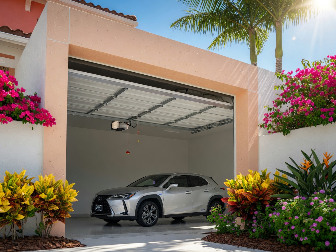 8K ultra-realistic image of an Estero luxury home garage fully open, sectional door retracted and stacked on ceiling tracks, compact opener hanging from ceiling with red emergency cord, immaculate stucco jambs, 2025 Lexus UX hybrid inside, vibrant Florida landscaping and bright sunshine