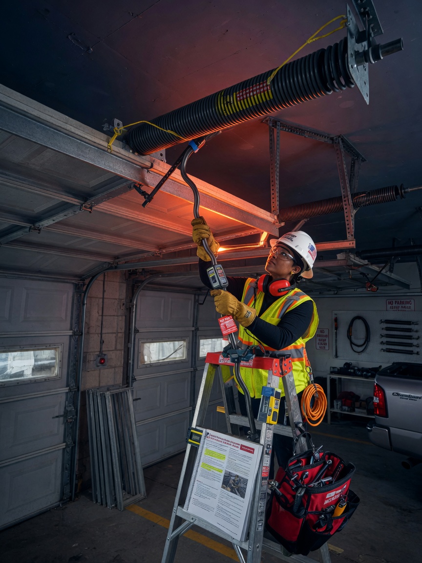 Technician performing annual maintenance on torsion spring system of overhead hurricane garage door, safety equipment visible, realistic garage interior, detailed 8K photography