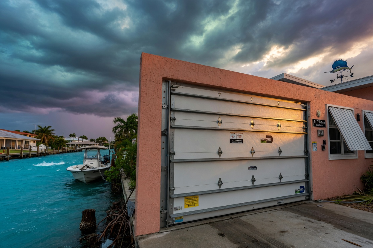 Ultra-realistic 8K photo of a sturdy hurricane-rated garage door installed on a Cape Coral waterfront property, storm clouds in distance, strong construction details