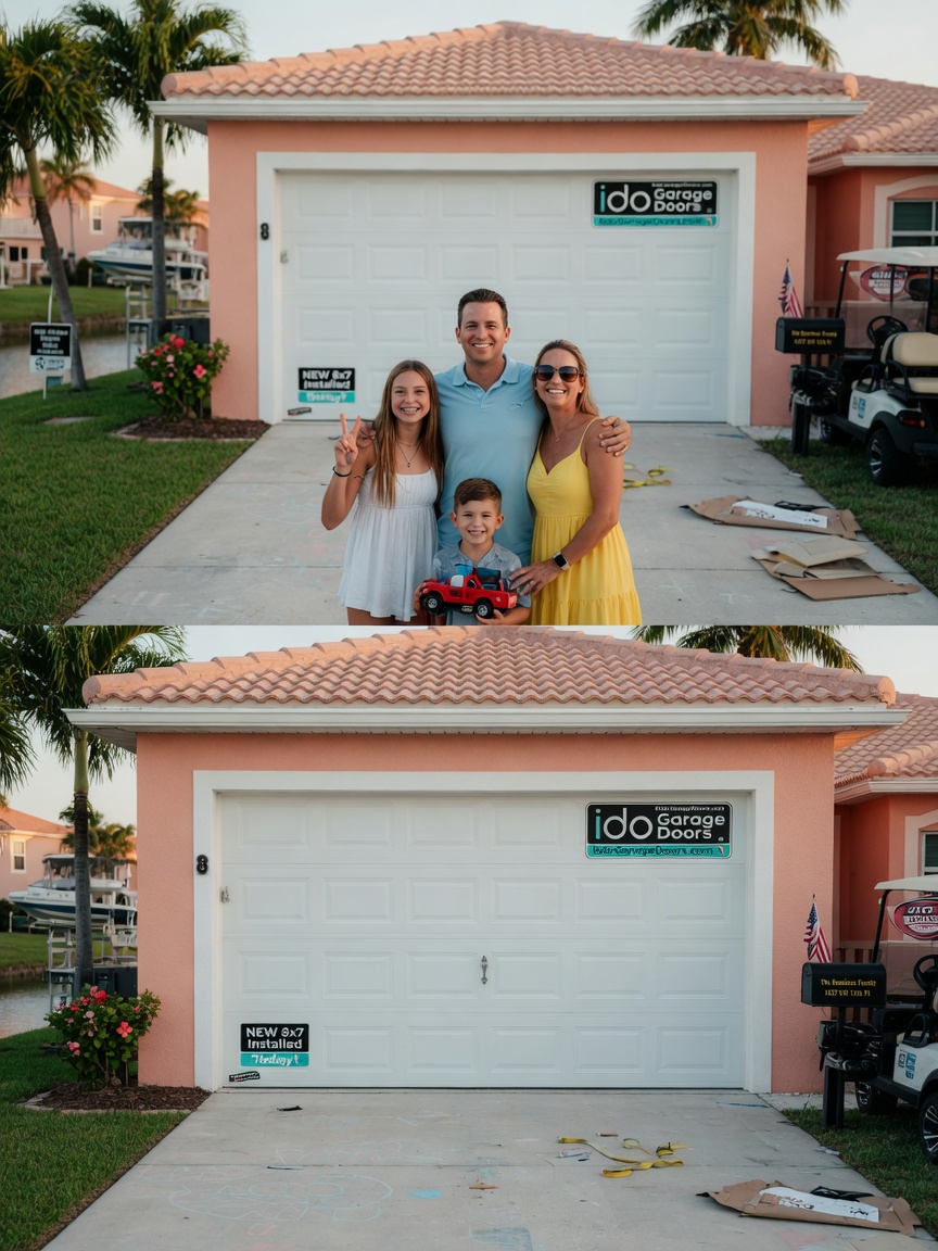 Happy Cape Coral family standing in front of their newly installed 8x7 garage door by Ido Garage Doors, warm smiles, realistic neighborhood setting, ultra-detailed 8K photography