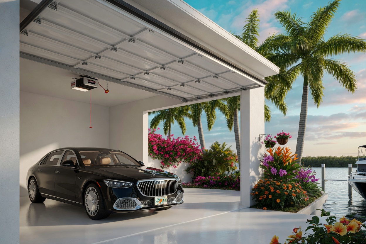 Photorealistic 8K photo of a Fort Myers waterfront property garage with overhead door completely open, door panels neatly stored overhead, garage door motor centered on ceiling with visible red cord, clean white stucco, 2025 Mercedes S580 inside, royal palm trees and colorful tropical flowers, perfect natural lighting