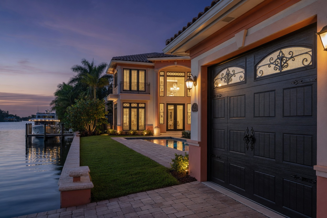 Luxury waterfront Fort Myers home with custom carriage-style fiberglass hurricane rated garage doors featuring decorative hardware and impact-rated windows, twilight lighting, ultra-realistic