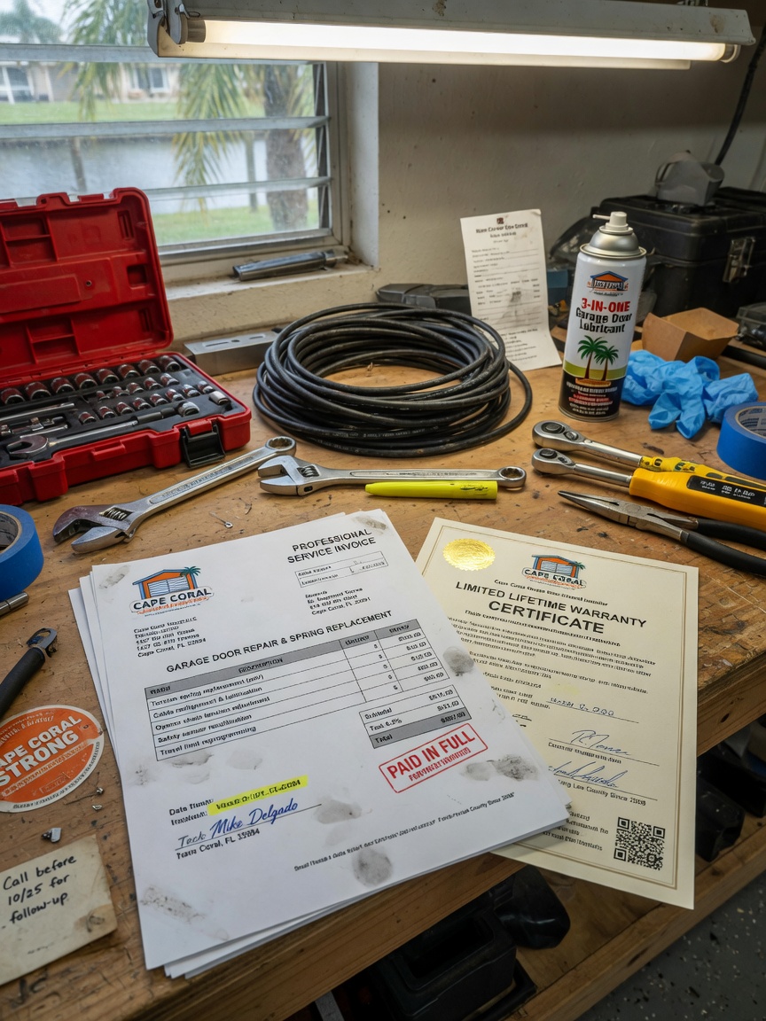 Ultra-realistic 8K image of a professional service invoice and warranty paperwork for garage door repair placed on a workbench with tools, Cape Coral Florida setting