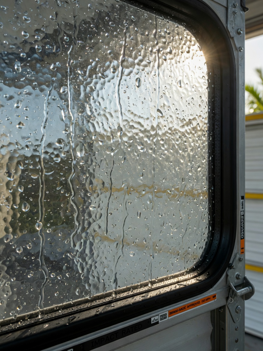 Close-up of impact resistant window on hurricane-rated garage door with textured glass, water beading on surface, bright natural light, macro photography style in 8K