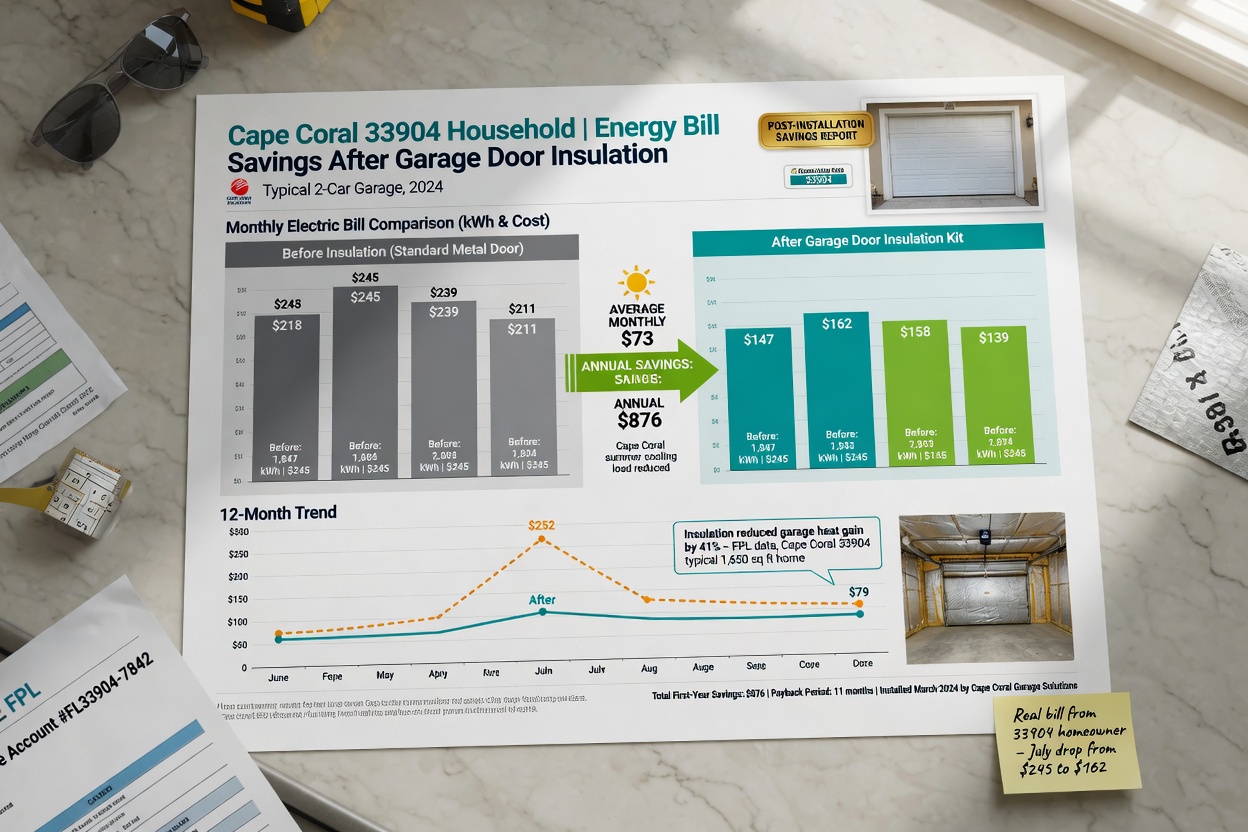 Ultra-realistic 8K photograph of energy bill comparison chart showing savings after Garage Door Insulation installation for typical Cape Coral 33904 household, natural lighting