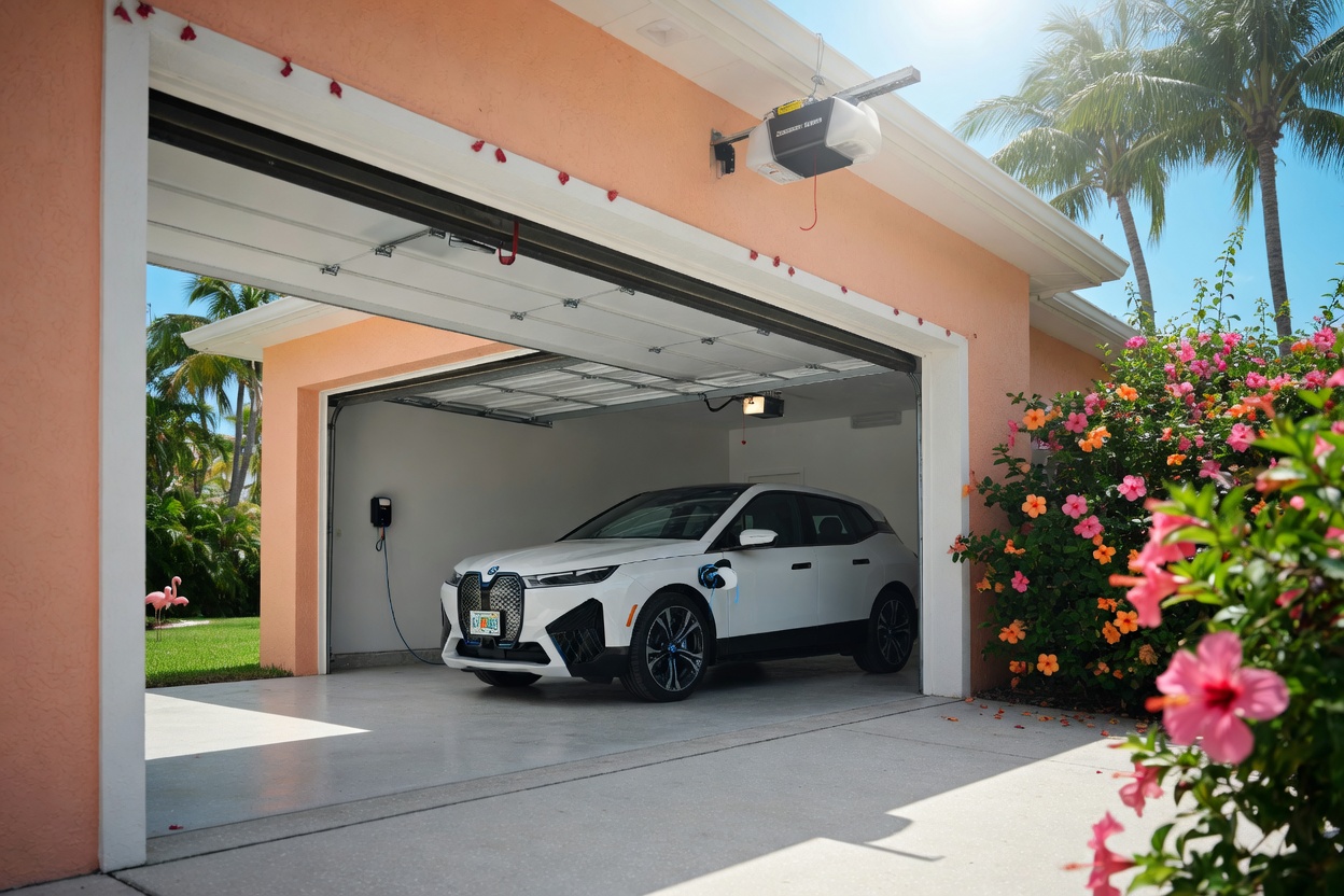 Ultra-realistic 8K exterior-to-interior view of a Bonita Springs home garage, fully open sectional door with zero panels in doorway, all sections stored on ceiling tracks, small modern opener with red release cord, pristine stucco, 2025 BMW iX electric SUV inside, bright Florida sun with palm trees and hibiscus