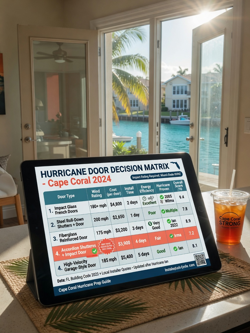 Infographic style realistic photograph of decision matrix chart for choosing hurricane doors displayed on tablet in Cape Coral home with actual doors visible through window, natural light