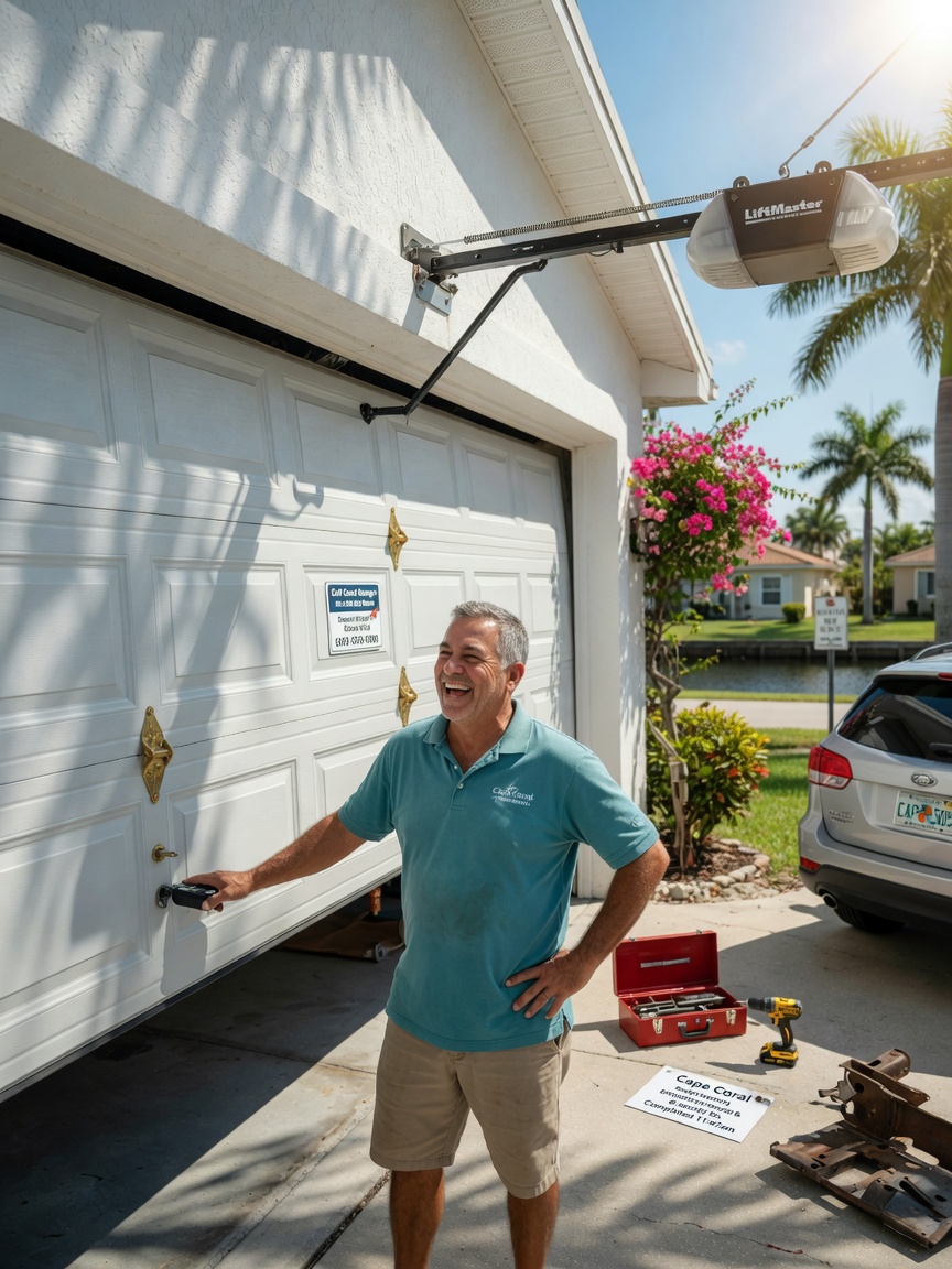 Ultra-realistic 8K photo of happy Cape Coral homeowner closing a smoothly operating garage door after successful same-day repair, bright sunshine, sense of relief and security