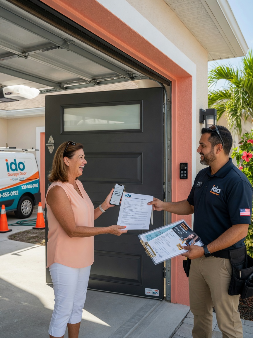 Professional project completion scene with Ido Garage Door technician handing paperwork and warranty information to satisfied Cape Coral homeowner in front of new garage door, 8K realistic photo