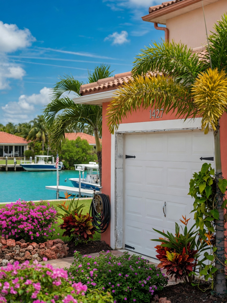 Ultra-realistic 8K image of beautiful Cape Coral waterfront home exterior focusing on the garage door that has received professional insulation, tropical landscaping, blue sky