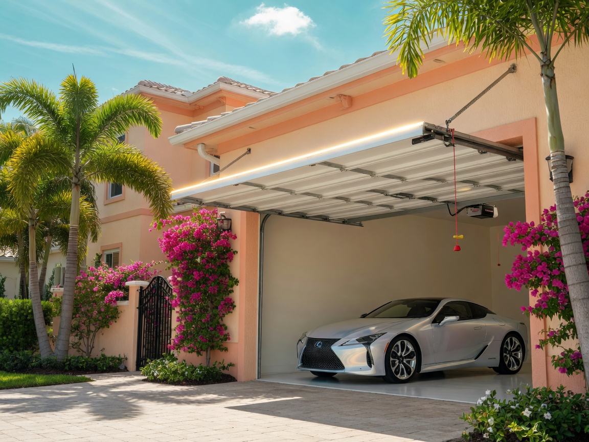 8K photorealistic final image of a Southwest Florida luxury residence with garage door fully open and perfectly aligned, sectional door retracted on ceiling tracks, garage opener motor visible with red emergency cord, spotless stucco construction, 2025 Lexus LC500h hybrid inside, vibrant royal palms and bougainvillea under bright sunny skies