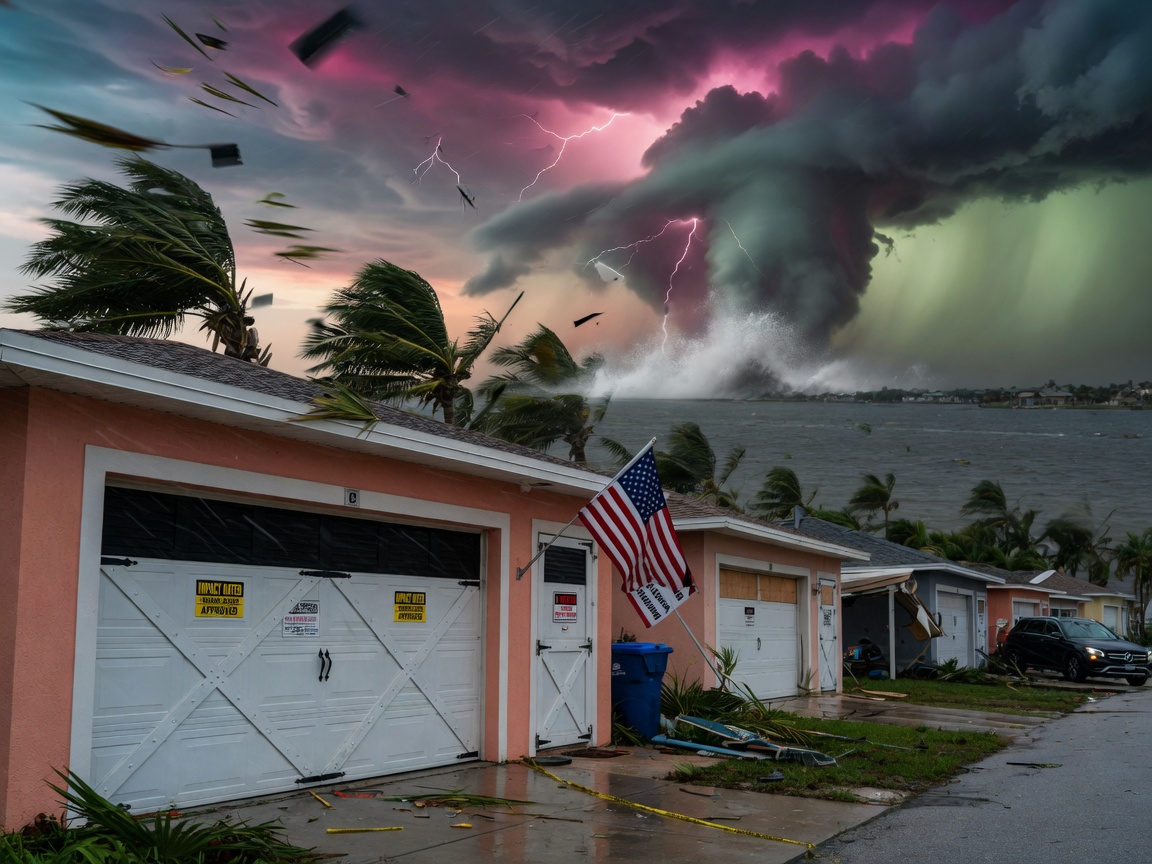 Dramatic 8K image of Category 4 hurricane approaching Cape Coral coastline with homes featuring clearly visible impact-rated garage doors, high winds, flying debris, intense cinematic atmosphere