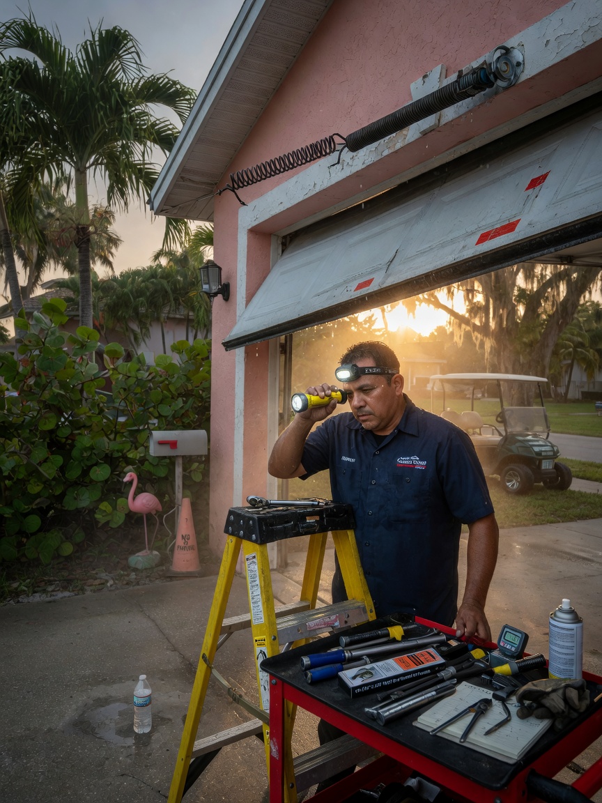 Ultra-realistic 8K image of professional garage door technician in uniform inspecting a broken torsion spring on a garage door in humid Cape Coral Florida setting, tools neatly arranged, sweat on brow, residential driveway