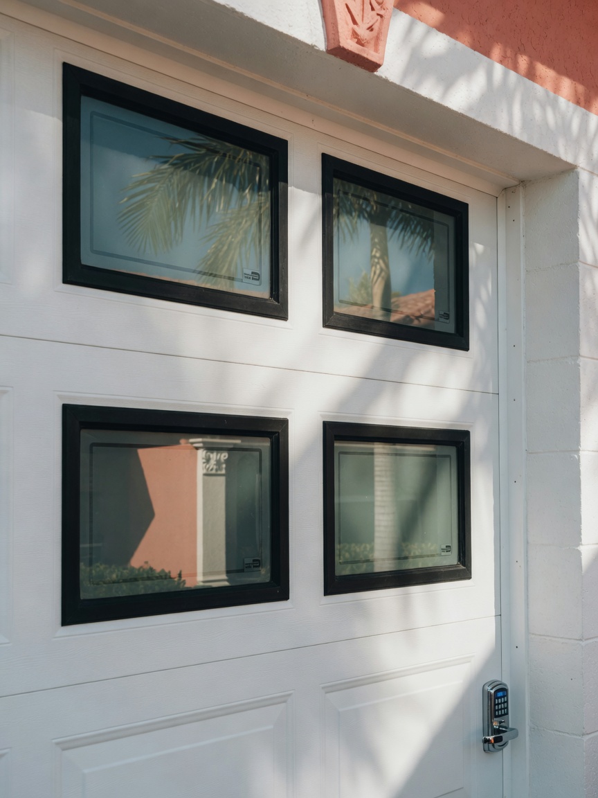 Close-up ultra-realistic 8K image of smooth clean white 8x7 garage door with hurricane impact windows, perfect paint finish, natural sunlight creating soft shadows, Cape Coral architectural style