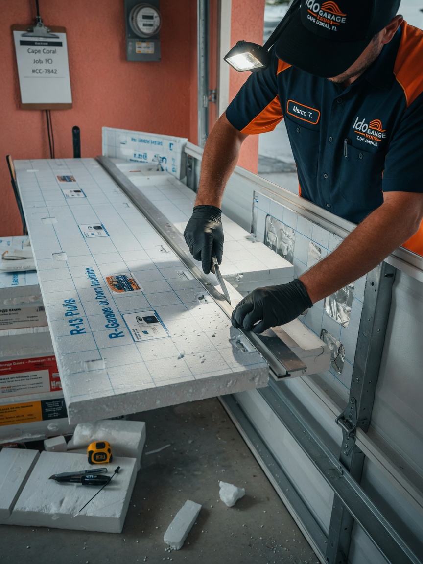 Close-up ultra-realistic 8K image of rigid foam board garage door insulation panels being precisely cut and fitted by professional technician wearing Ido Garage Doors uniform in Cape Coral home garage