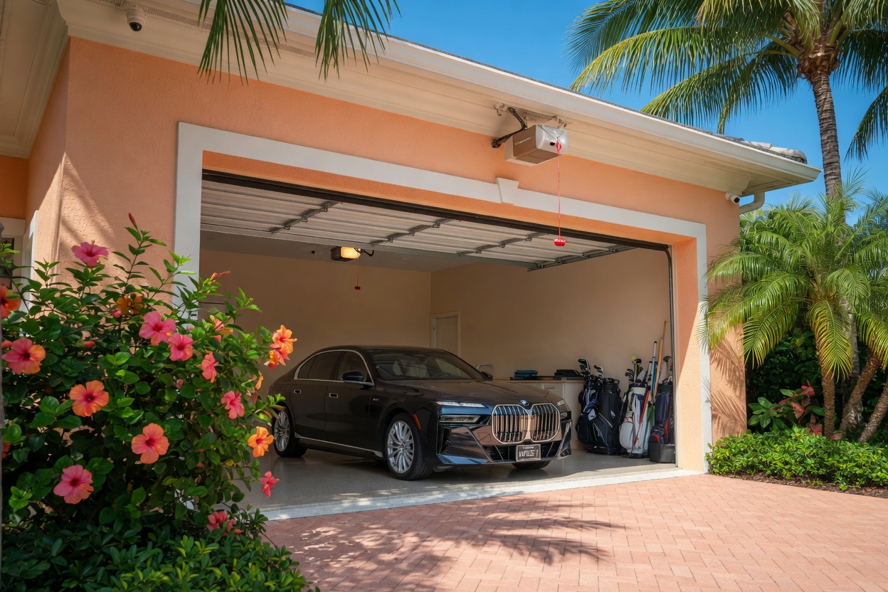 Photorealistic 8K image of a Naples Florida luxury residence exterior view into the garage on a bright sunny morning, sectional garage door fully open with zero panels visible in the doorway, door neatly stored on horizontal ceiling tracks, compact garage door opener with red pull cord clearly visible, pristine stucco walls, 2025 BMW 7 Series luxury sedan inside, lush hibiscus bushes and palm trees framing the scene, high detail, natural Florida lighting