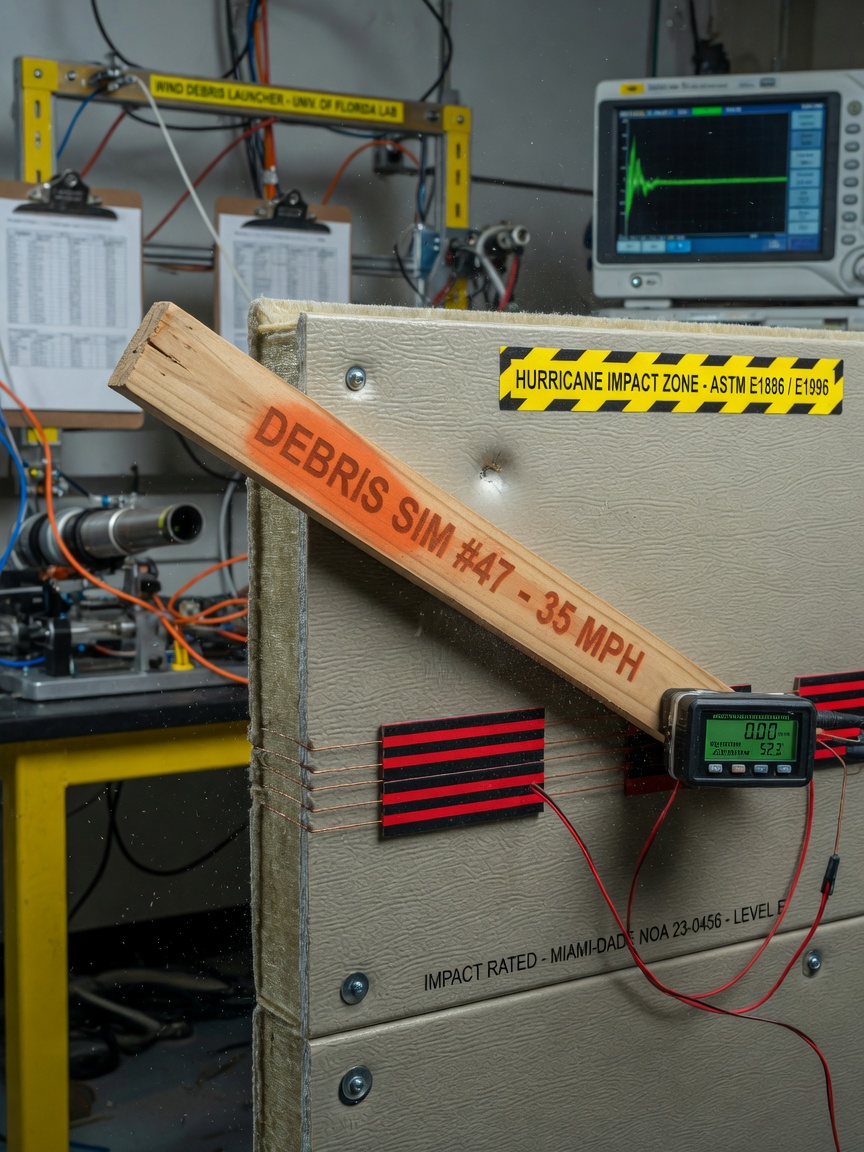 Close-up 8K image of impact-rated garage door composite panel being struck by simulated 2x4 debris during hurricane testing, showing no damage, scientific laboratory setting with measurement equipment