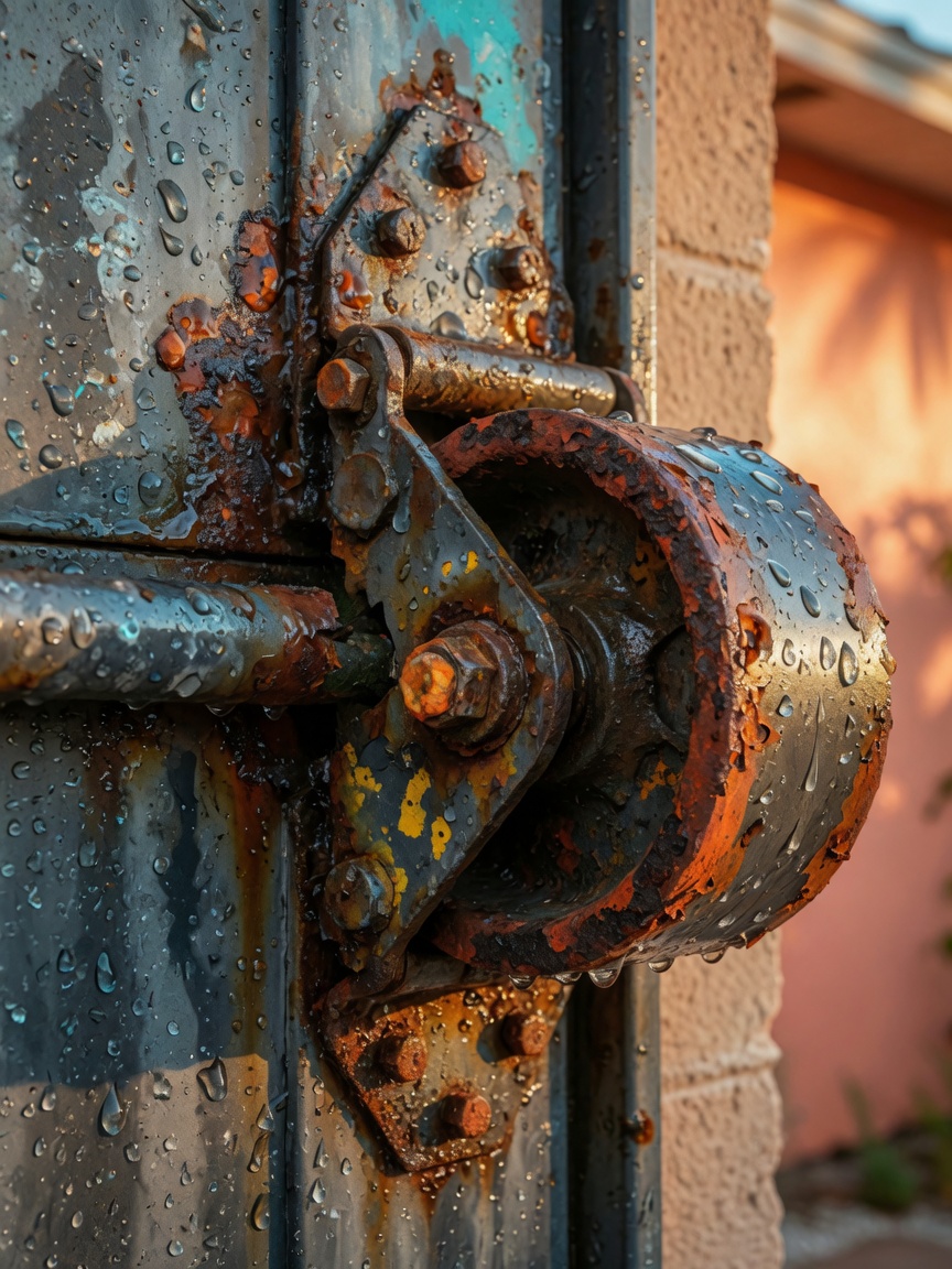Ultra-realistic 8K close-up of heavily corroded garage door roller and hinge covered in orange rust from salt air exposure, water droplets from humidity, realistic metal texture, Southwest Florida lighting