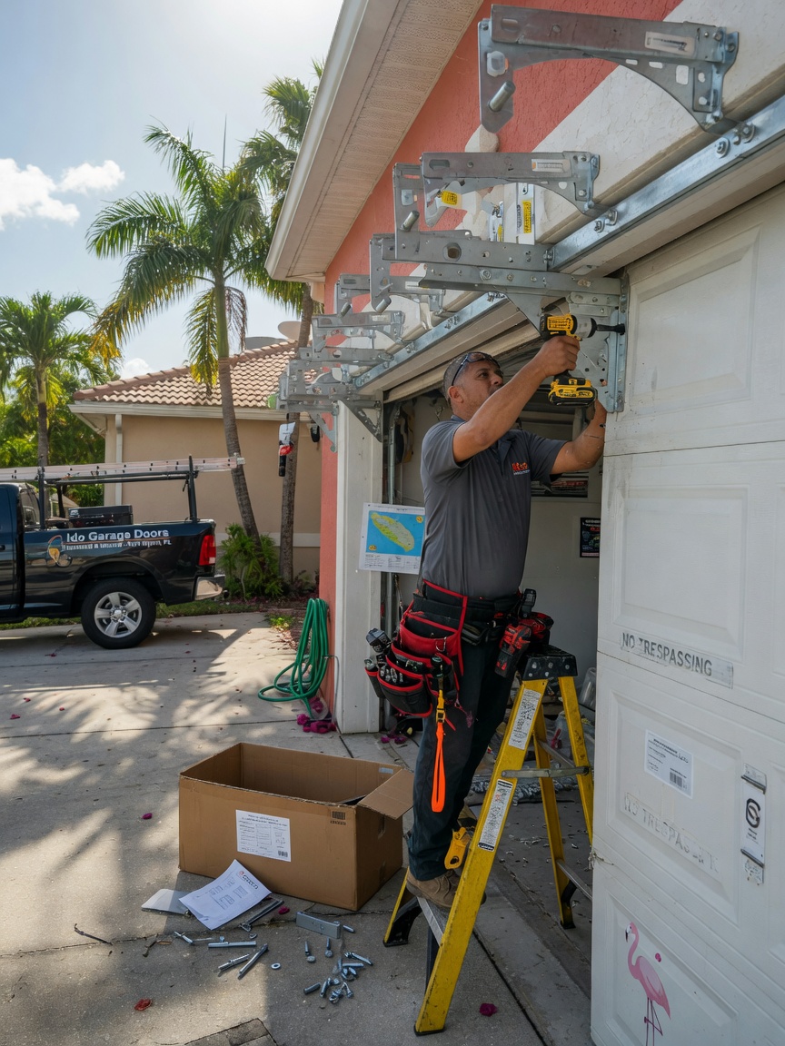 Professional technician from Ido Garage Doors carefully installing reinforced hurricane brackets on an 8x7 garage door in Southwest Florida, tool belt visible, realistic work scene in 8K