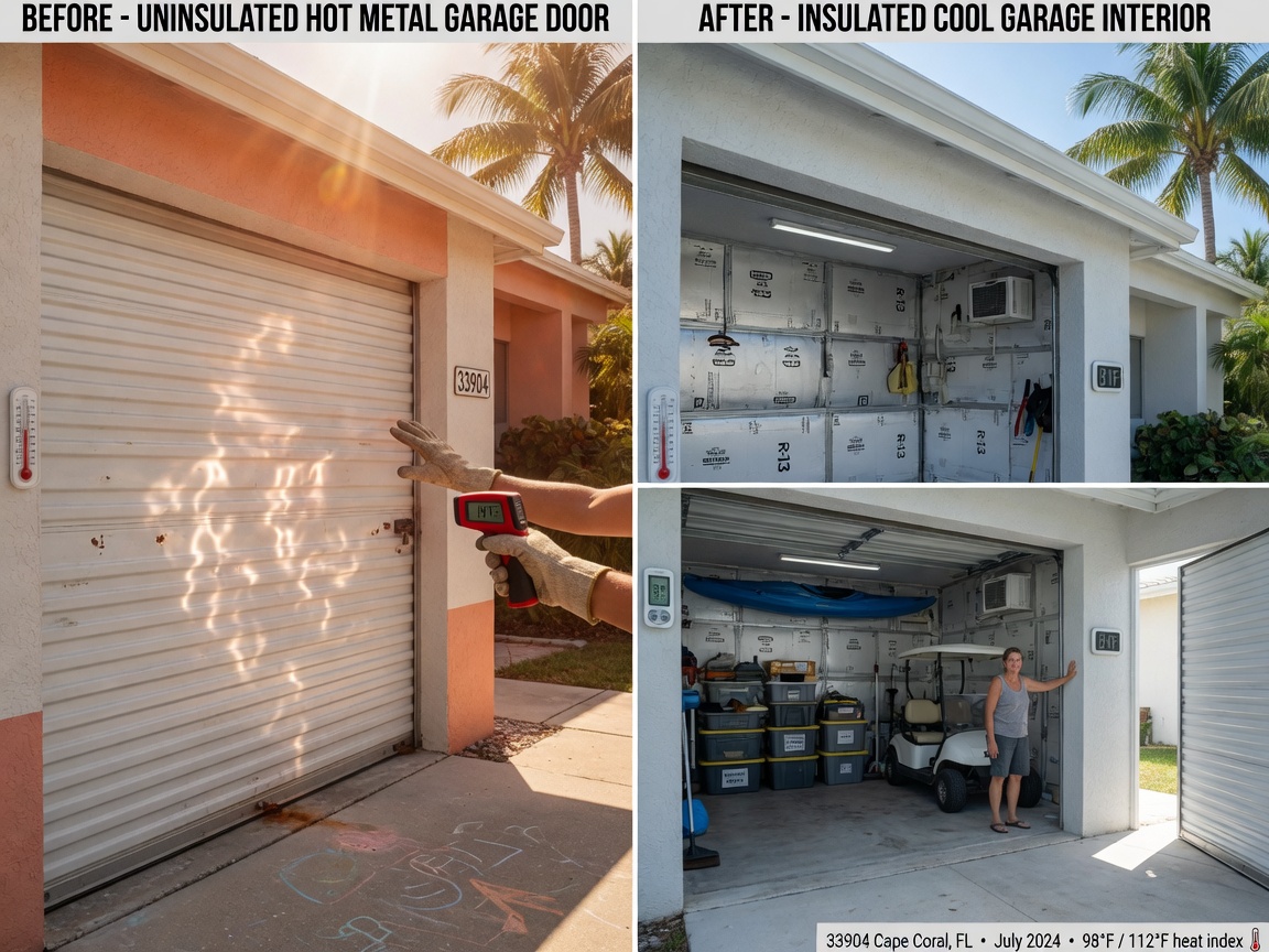 Ultra-realistic 8K photograph showing before and after comparison of uninsulated hot metal garage door versus insulated cool garage interior in 33904 Cape Coral Florida during summer heat