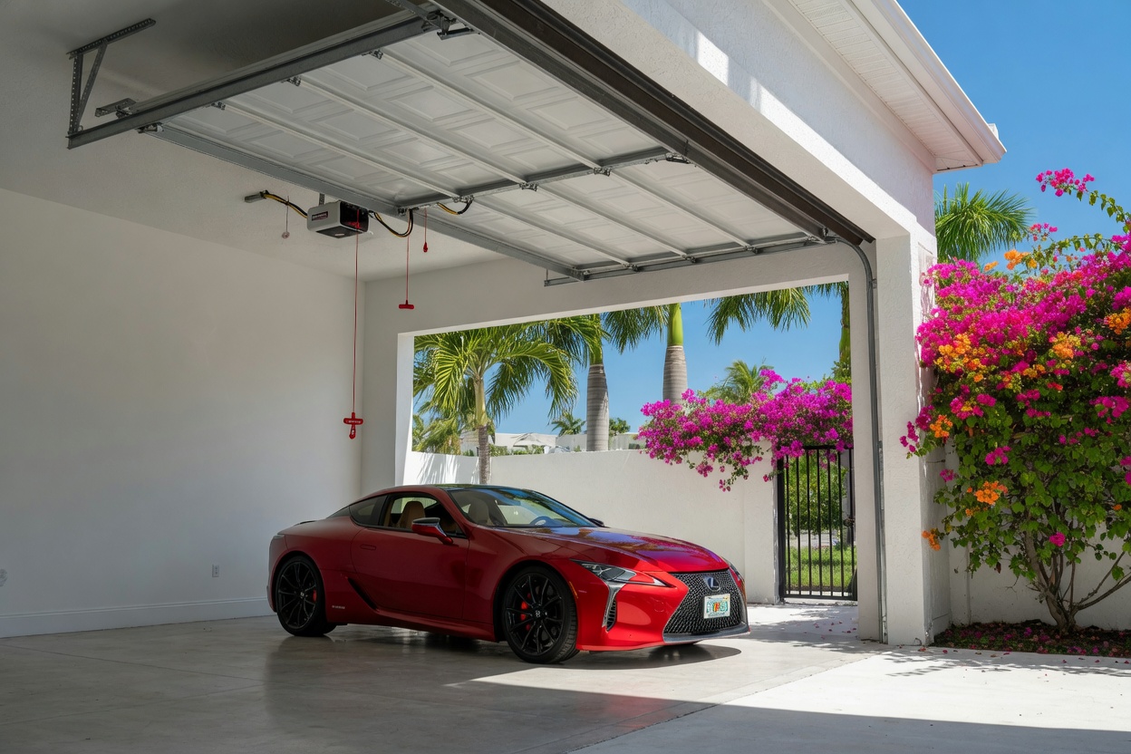 8K ultra-realistic photo of an Estero Florida upscale home garage, bright Florida sunlight, overhead sectional garage door completely open and retracted on ceiling tracks, small garage door motor mounted centrally on ceiling with red emergency cord, spotless white stucco jambs, 2025 Lexus LC500 sports car parked inside, royal palms and colorful bougainvillea in background, crisp architectural lines and vibrant colors