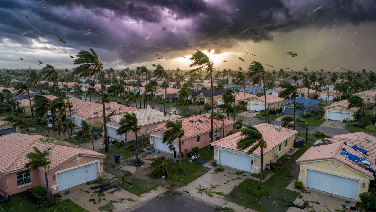 Aerial 8K view of Cape Coral neighborhood during hurricane with wind-blown palm trees, several homes featuring steel and fiberglass hurricane garage doors, dramatic stormy sky, realistic weather effects