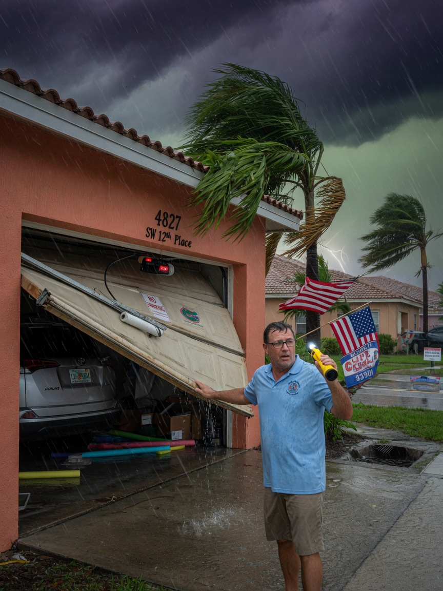 Ultra-realistic 8K photo of a Cape Coral Florida homeowner standing worried beside a stuck half-open garage door during a summer storm, dark clouds, palm fronds blowing, 33904 neighborhood