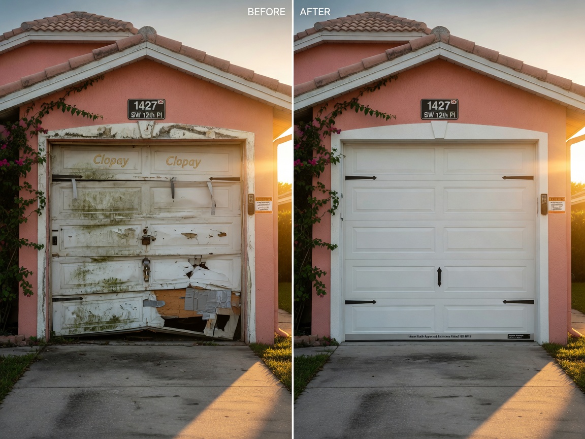 Before and after split screen ultra-realistic 8K comparison showing old damaged garage door versus new clean smooth hurricane-rated 8x7 door on same Cape Coral house