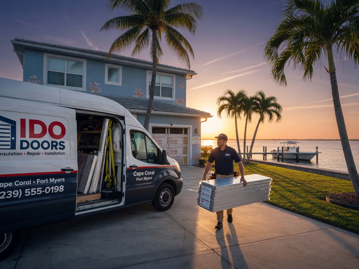 Professional ultra-realistic 8K image of Ido Garage Doors service van parked in driveway of a waterfront Cape Coral home with technician carrying insulation materials, palm trees in background